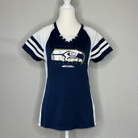 Seattle Seahawks Majestic Women's Lace Up Jersey W/ Sequins & Crystals - Picture 1 of 7